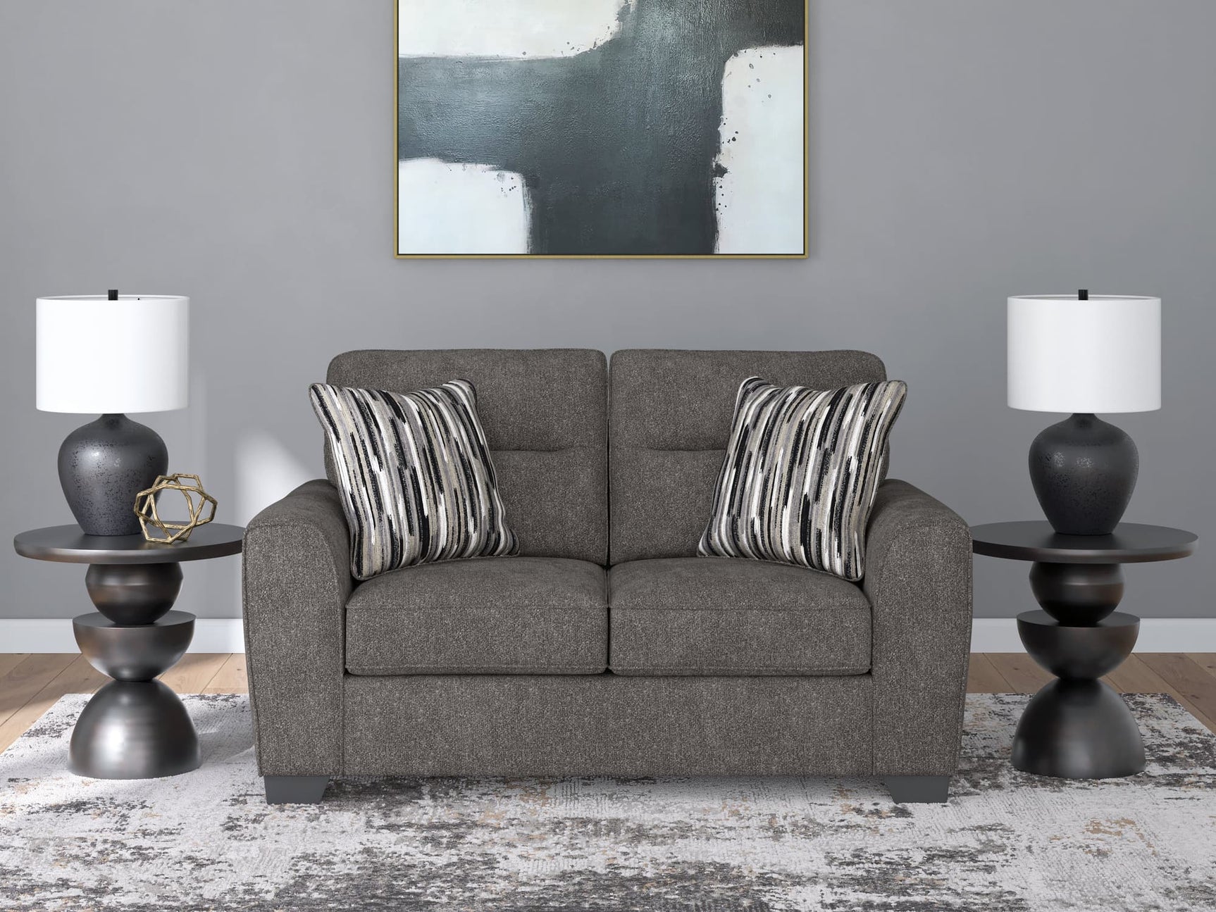 Olten Graphite Chenille Loveseat front angle view in living room