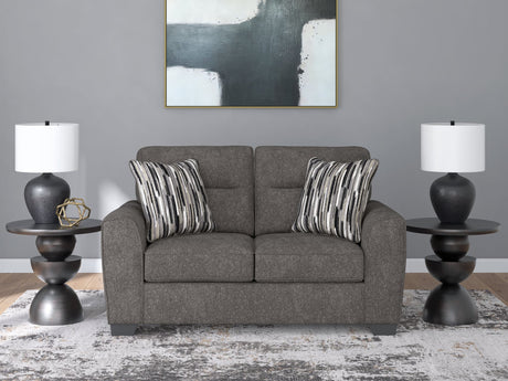 Olten Graphite Chenille Loveseat front angle view in living room