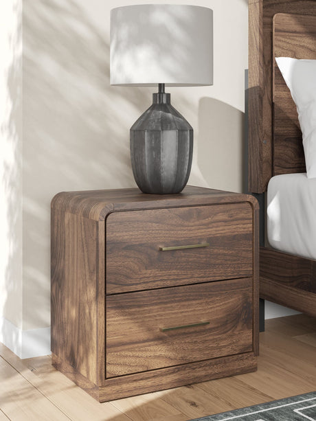 Fortlorn Walnut Brown Nightstand, front view showing drawers