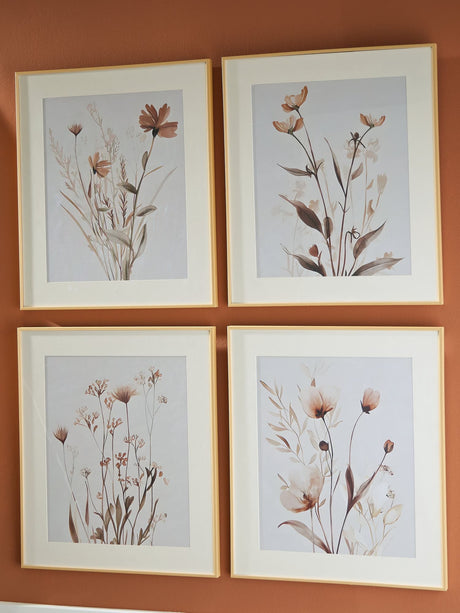 Chettings beige gray blush framed floral wall art set of 4 hung on wall