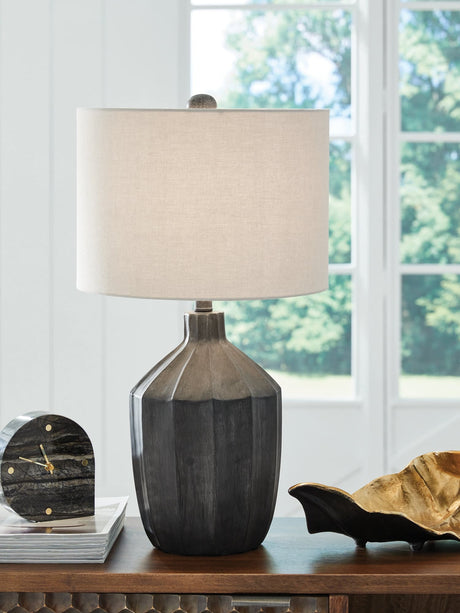 Jilton Black Table Lamp front view with drum fabric shade