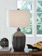 Jilton Black Table Lamp front view with drum fabric shade