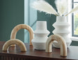 Maddwarth white and natural brown accessory set front view with vases and sculptures