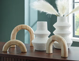 Maddwarth white and natural brown accessory set front view with vases and sculptures