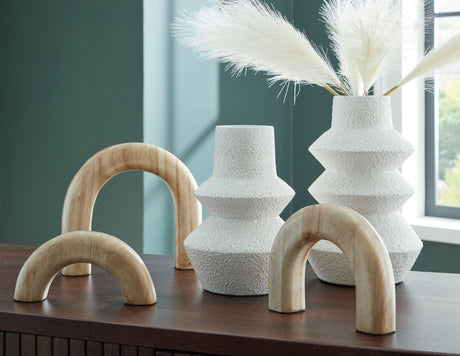 Maddwarth white and natural brown accessory set front view with vases and sculptures