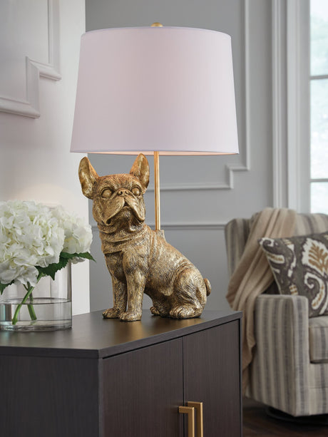 Wadeland gold finish table lamp showing French bulldog base
