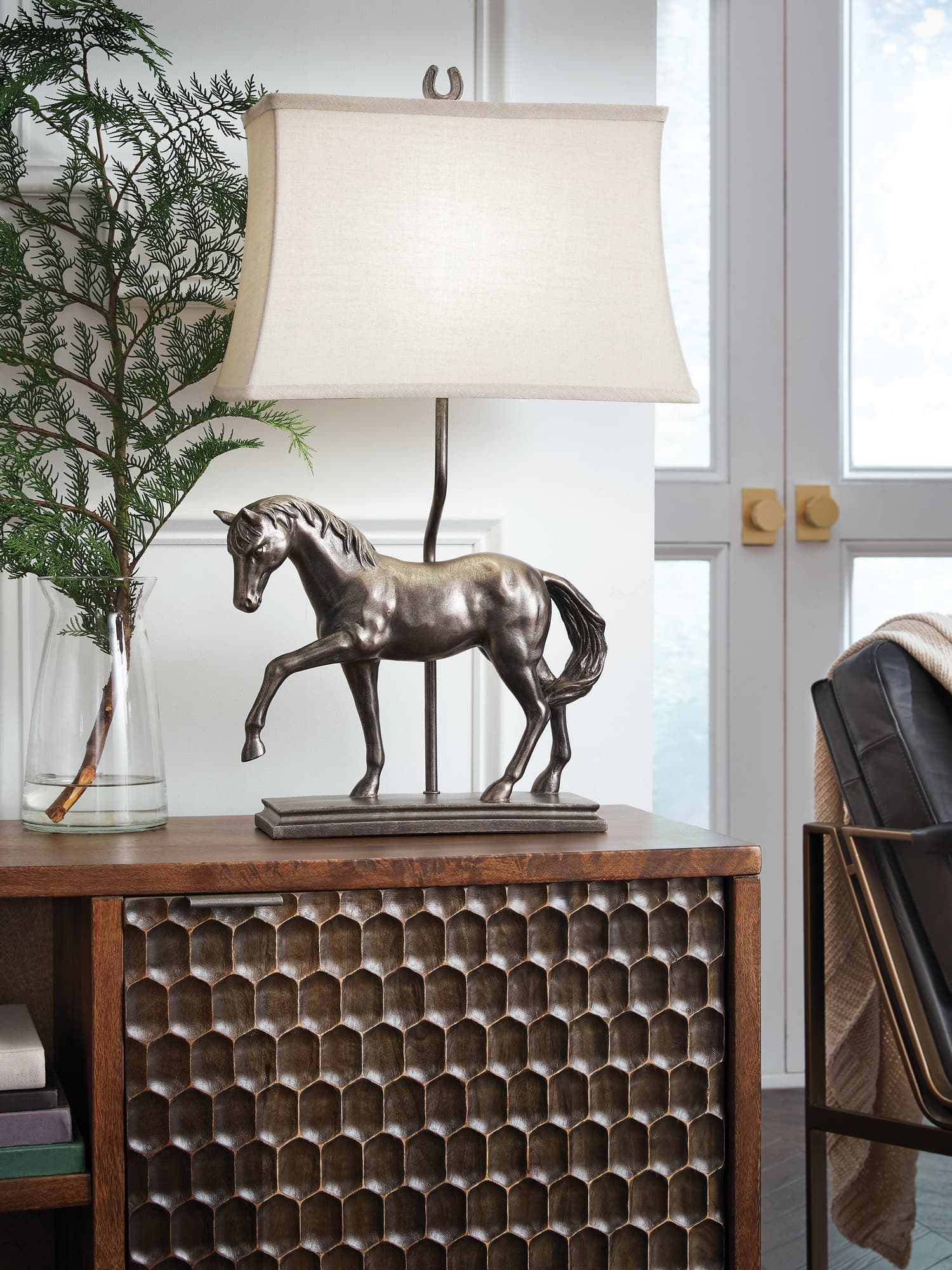 Sandorman table lamp front view showing bronze antiqued base and fabric shade