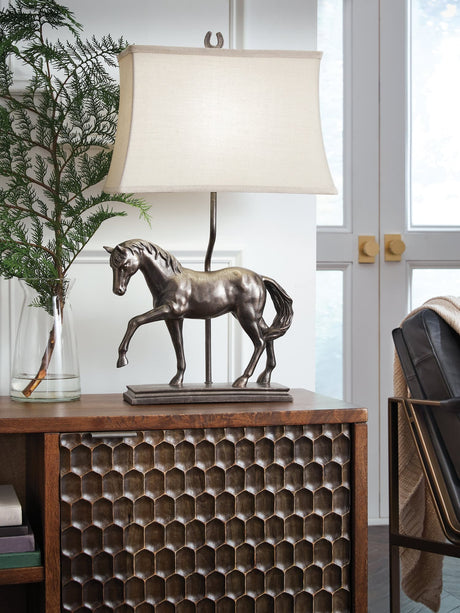 Sandorman table lamp front view showing bronze antiqued base and fabric shade