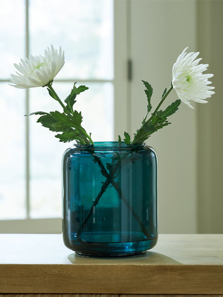 Inisland teal blown glass decorative vase front view