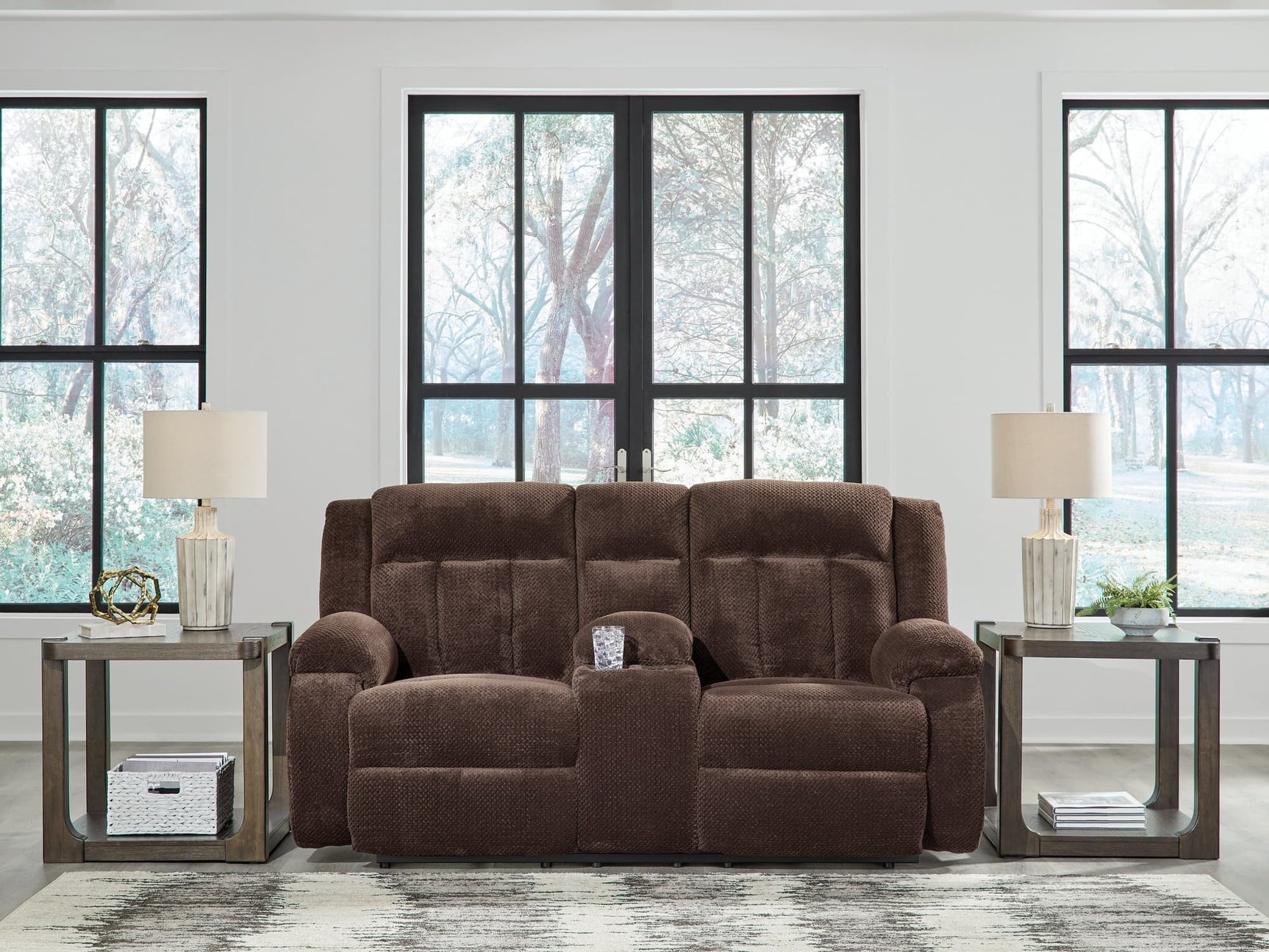 Observation Chocolate Velvet Power Reclining Loveseat with Console front view