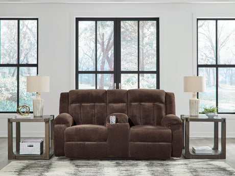 Observation Chocolate Velvet Power Reclining Loveseat with Console front view