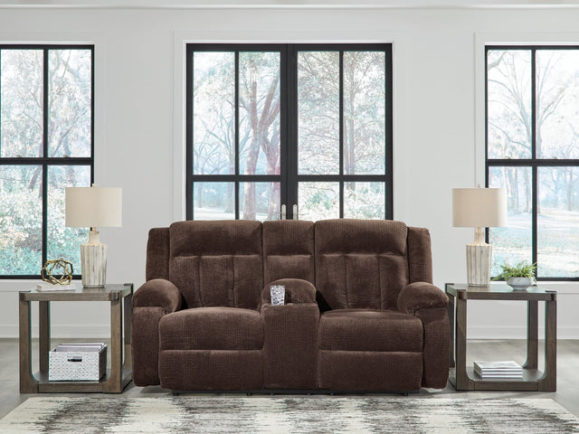 Observation Chocolate Velvet Power Reclining Loveseat with Console front view