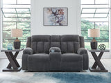 Observation Steel Velvet Power Reclining Loveseat with Console front view
