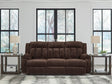 Observation chocolate velvet power reclining sofa with drop down table front view