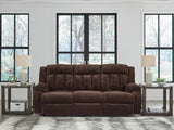 Observation chocolate velvet power reclining sofa with drop down table front view