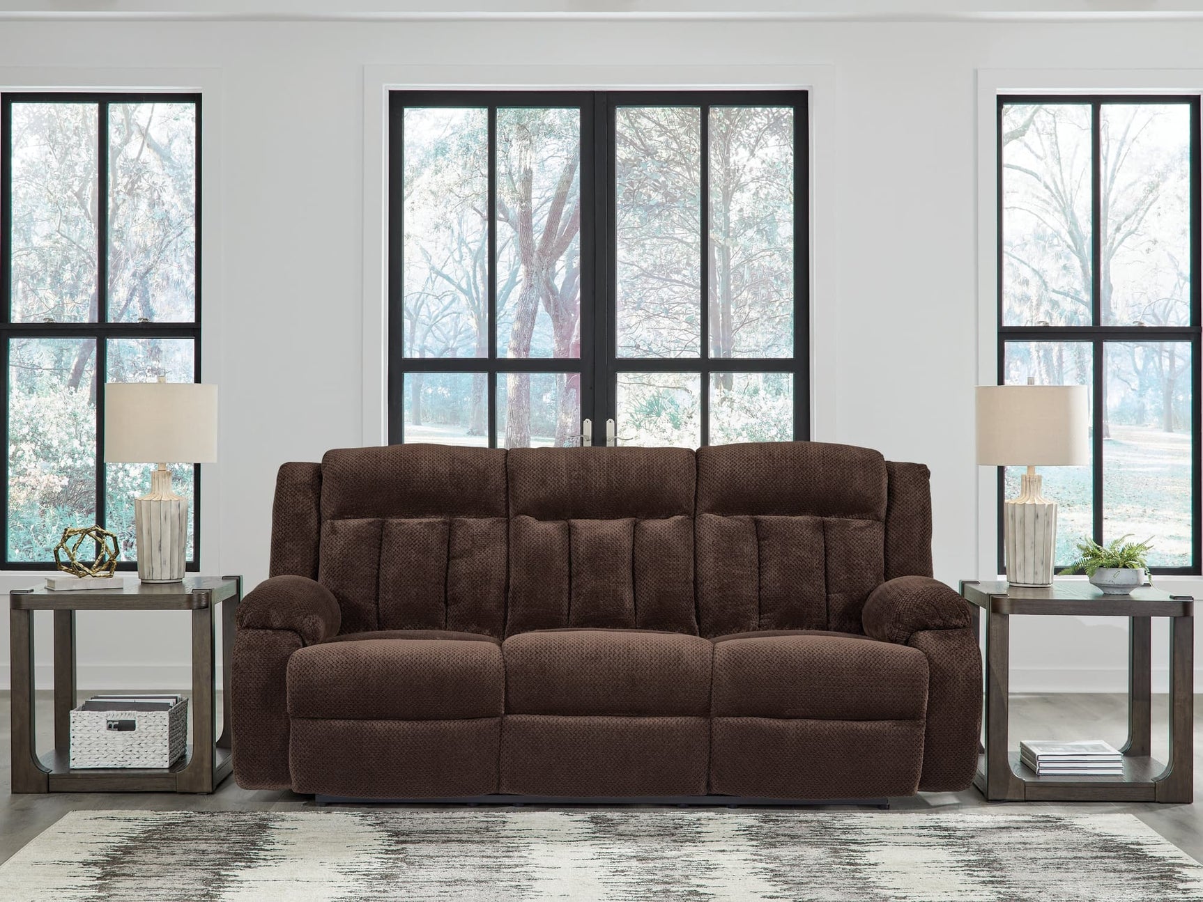 Observation chocolate velvet power reclining sofa with drop down table front view