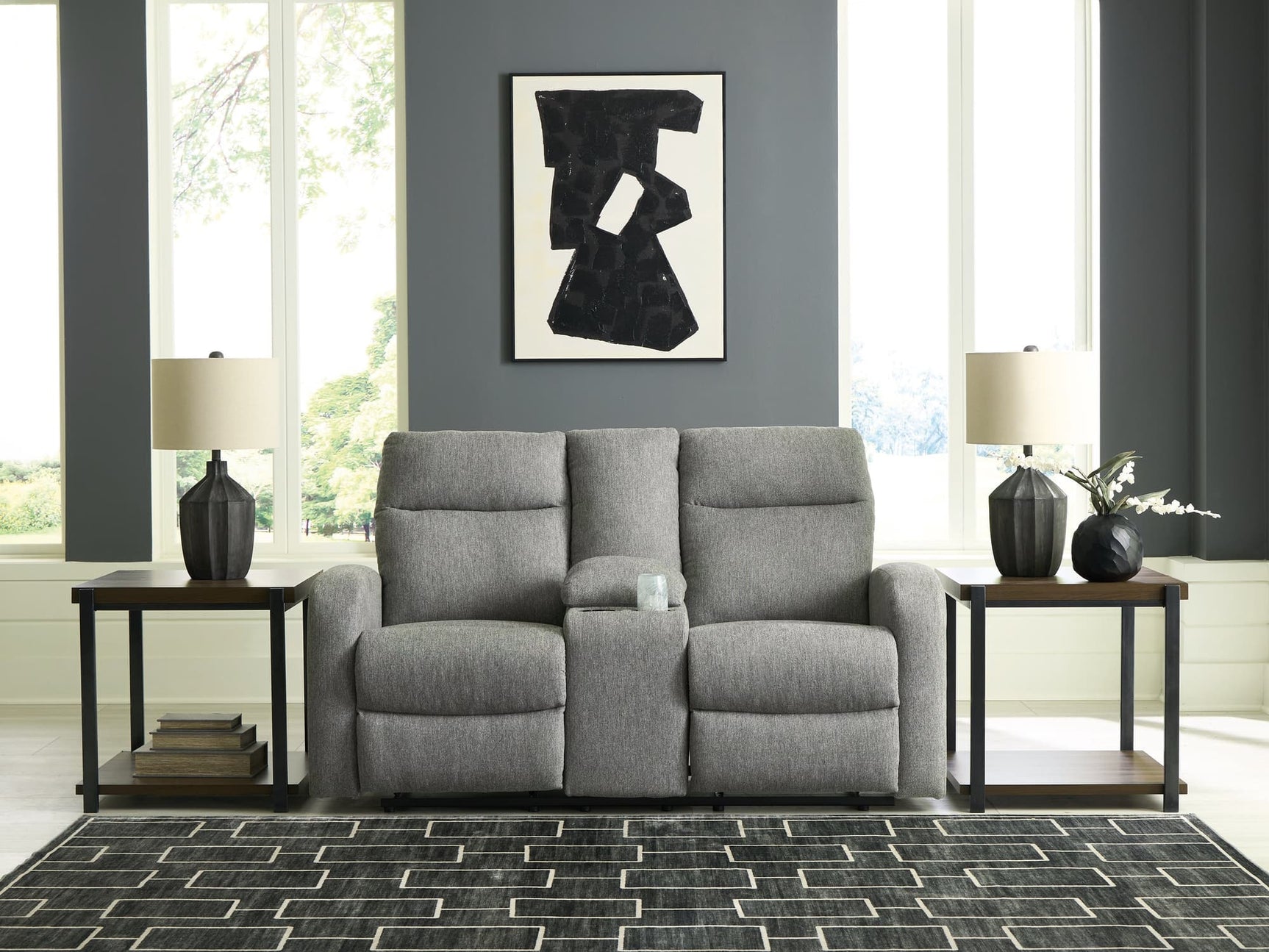 Gauntlet Sterling chenille reclining loveseat front view with console