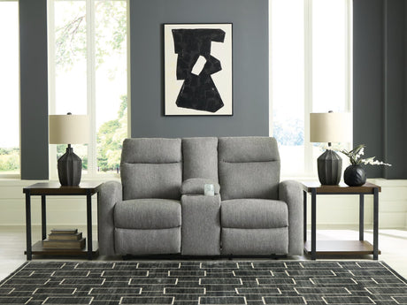 Gauntlet Sterling chenille reclining loveseat front view with console