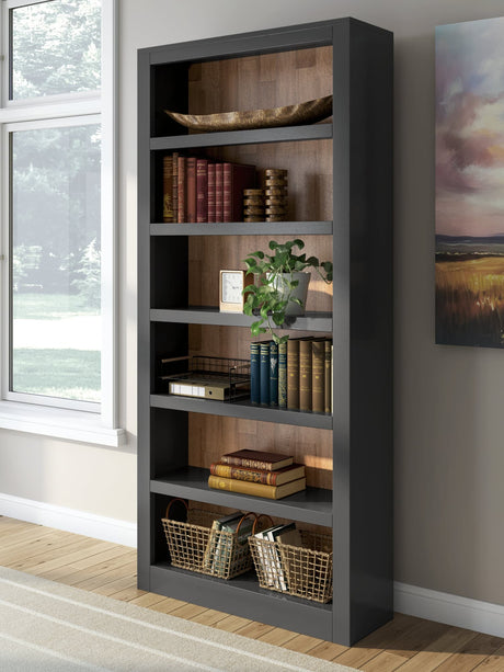 Wildenauer 75 inch brown and black bookcase angled side view