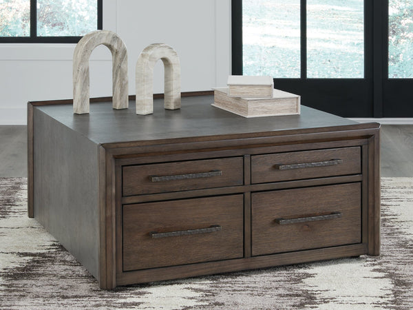 Kallenny Brown and Gray Coffee Table front angle closed view