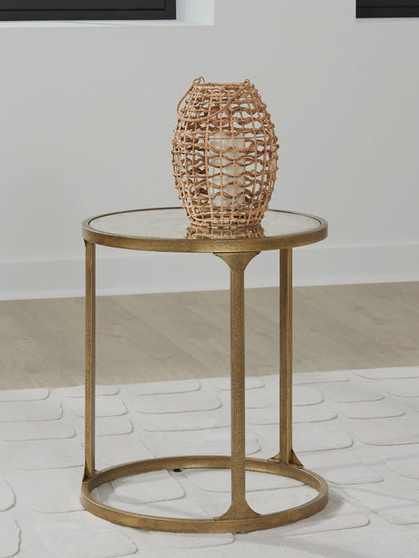 Korajane Antique Gold Round End Table front view with faux marble glass top