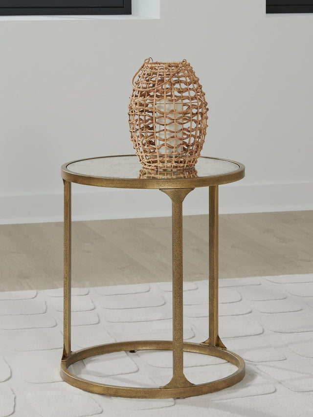 Korajane Antique Gold Round End Table front view with faux marble glass top
