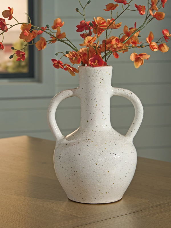 Dallinworth White and Black Vase front view showing black speckled glaze and handles