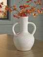 Dallinworth White and Black Vase front view showing black speckled glaze and handles