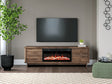 Zadilyn brown 72 inch TV stand front view with electric fireplace on