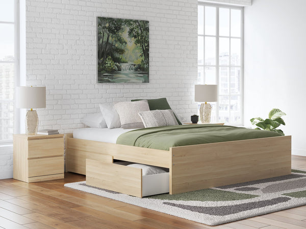 Onita King Platform Bed in natural finish, side angle showing storage drawers
