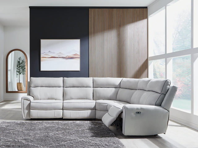 Social Pointe 5-piece power reclining sectional in pearl and ash chenille front view