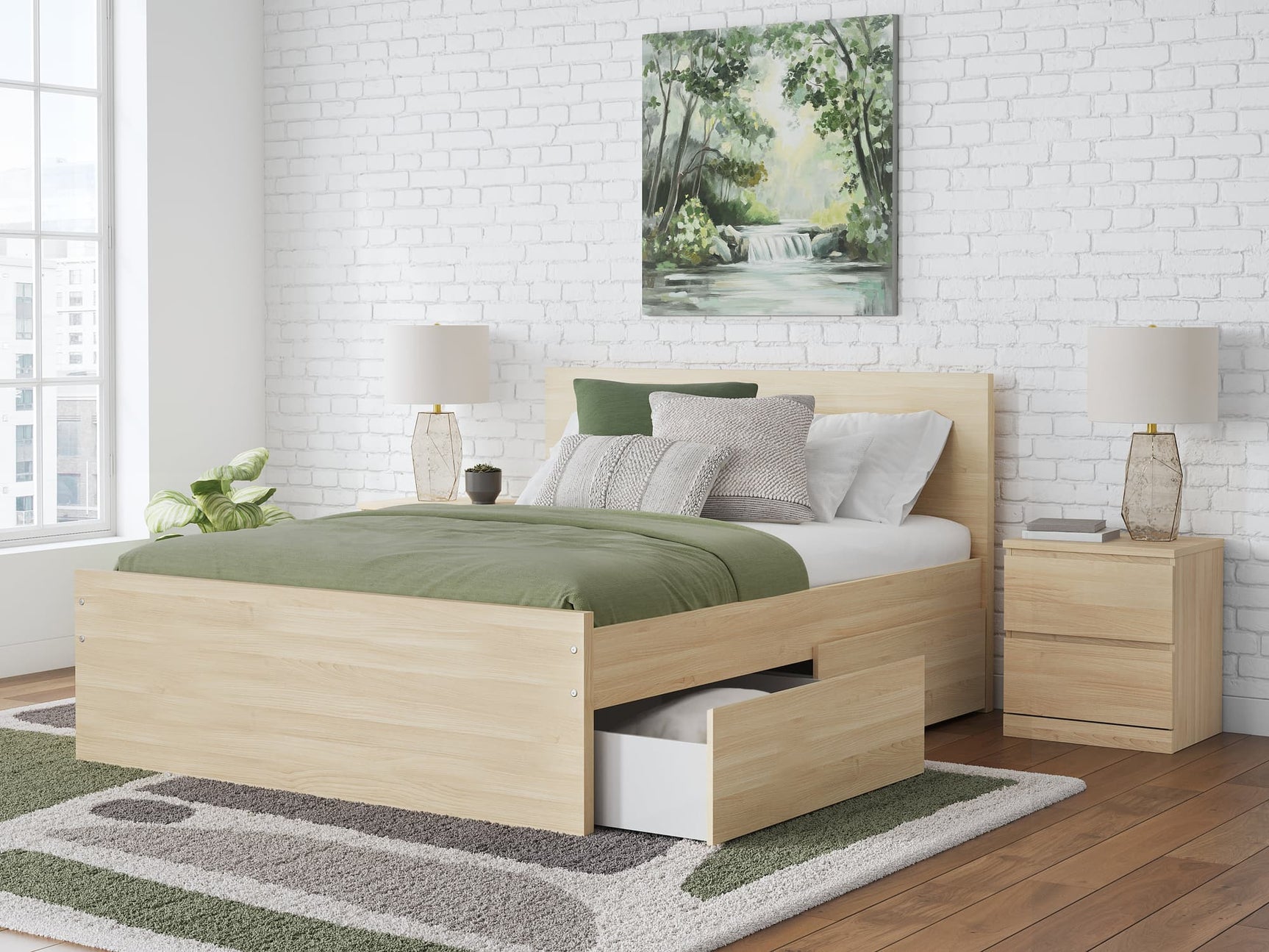 Onita Natural full panel platform bed with 2 side storage drawers front view