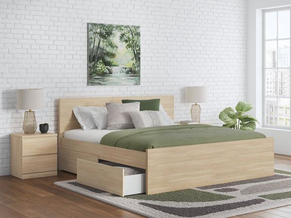 Onita Natural Queen Panel Platform Bed front angle with headboard and storage drawer open