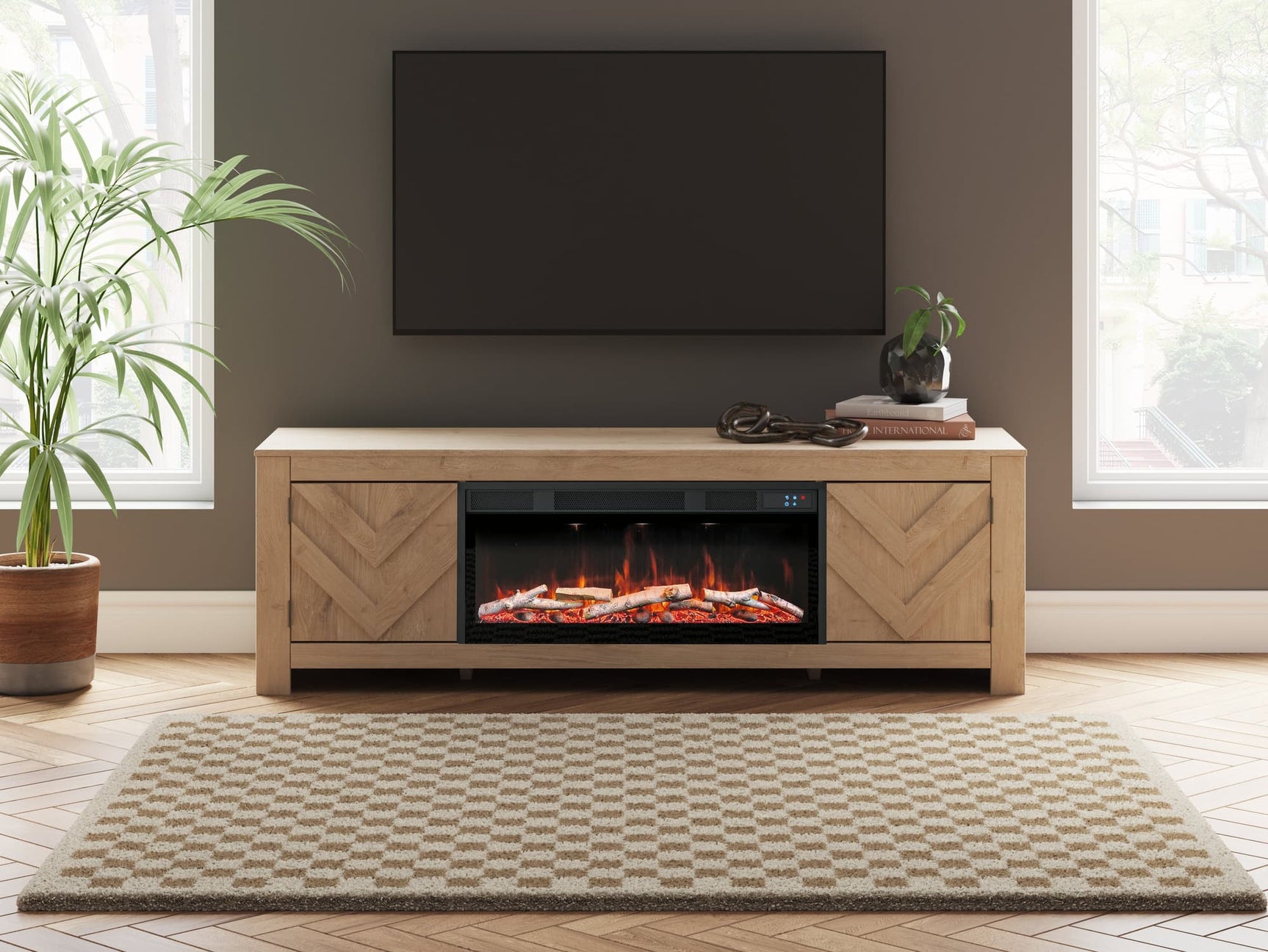 Cayboni 71 inch tan TV stand with electric fireplace front view