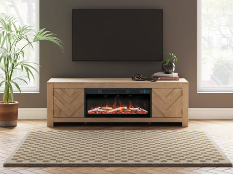 Cayboni 71 inch tan TV stand with electric fireplace front view