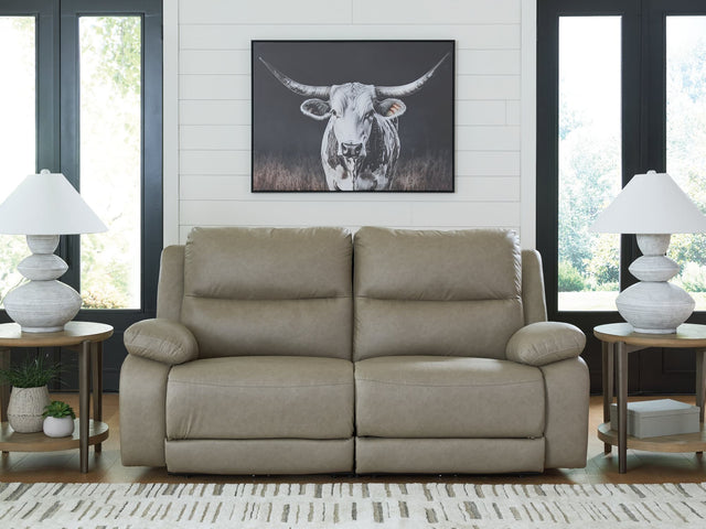 Narwhal Place pebble faux leather reclining loveseat front angle