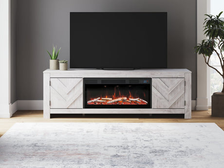 Cayboni whitewash 71-inch TV stand front view with electric fireplace insert