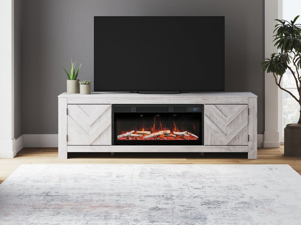 Cayboni whitewash 71-inch TV stand front view with electric fireplace insert
