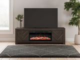 Cayboni 71 inch black TV stand with electric fireplace front view
