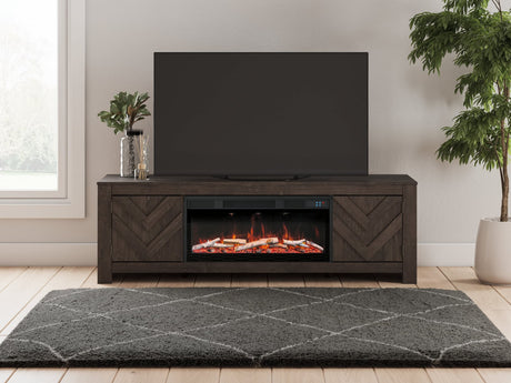 Cayboni 71 inch black TV stand with electric fireplace front view