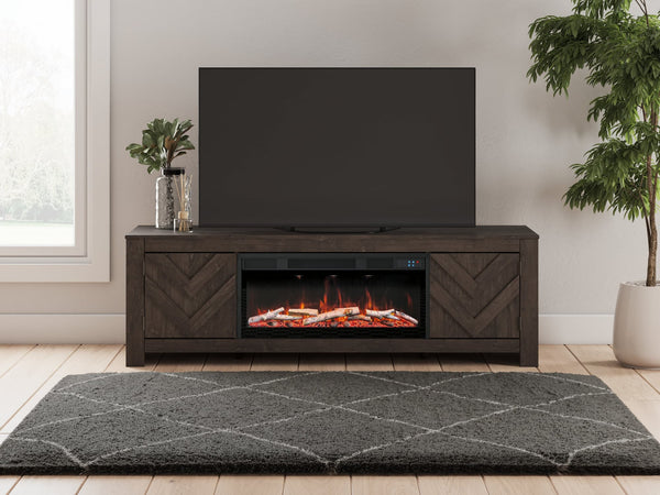Cayboni 71 inch black TV stand with electric fireplace front view