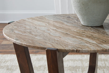 Tanidore coffee table with warm brown mango wood frame and natural marble top