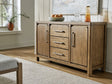 Cabalynn light brown counter height dining table with six storage barstools