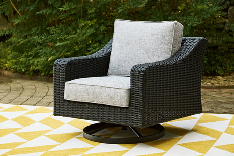 Beachcroft outdoor sofa with black frame and light gray cushions - front view