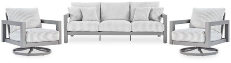 Hurley Gray Park outdoor sofa front angle with lounge chairs
