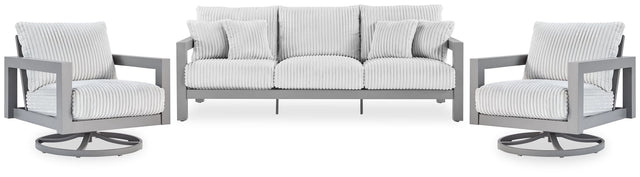 Hurley Gray Park outdoor sofa front angle with lounge chairs