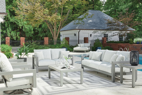 Hurley Gray Park outdoor sofa and loveseat with coffee table angled view