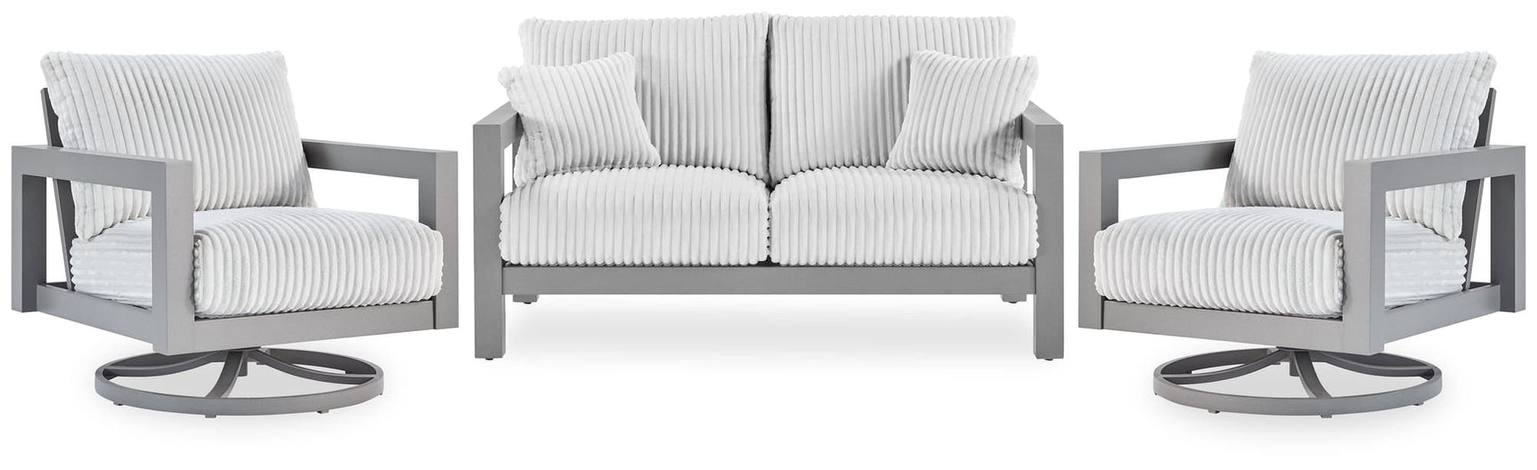 Hurley Gray Park outdoor loveseat and two lounge chairs set front view