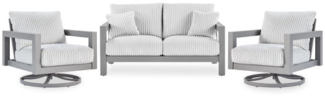 Hurley Gray Park outdoor loveseat and two lounge chairs set front view