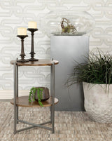 Axel round accent table with open shelf, natural mango wood top, gray gunmetal frame front view